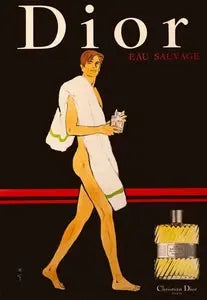 Vintage Dior Eau Sauvage poster by Rene Gruau from 1980, showcasing classic fragrance advertising art.