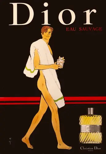 Vintage Dior Eau Sauvage poster by Rene Gruau from 1980, showcasing classic fragrance advertising art