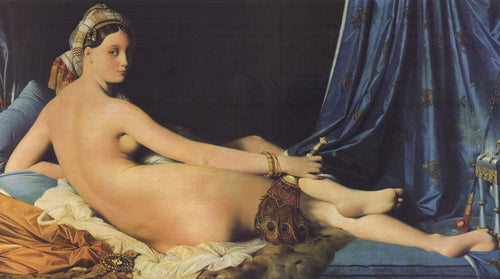 Offset lithograph art print of Dominique Ingres' The Grande Odalisque, showcasing detailed classical female portrait.