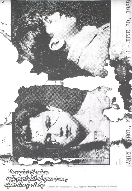 Douglas Gordon self-portrait art poster from the Factory Exhibition showing his face in a monochrome style.