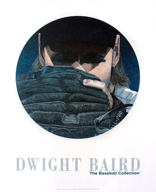 Dwight Baird Bearing Down baseball art print, offset lithograph from 1994, featuring vintage sports illustration artwork.