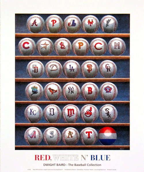 Limited edition Dwight Baird baseball print featuring red, white, and blue colors, celebrating the 1995 sports artwork.