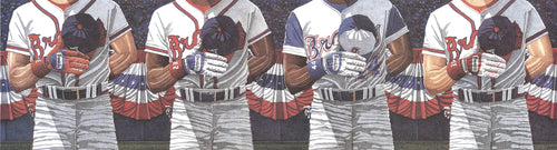 Signed Dwight Baird lithograph titled "Home Of The Brave" from 1994 featuring Atlanta Braves imagery and autograph.