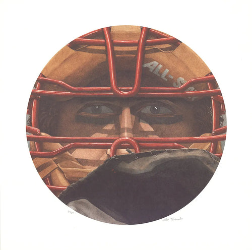 Signed Dwight Baird baseball lithograph featuring Inside Looking Out The Catcher scene by Dwight Baird, showcasing detailed artwork and signature.
