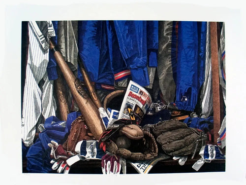 Signed limited edition lithograph print of "The Right Stuff" by Dwight Baird, showcasing space-themed artwork with signature detail.
