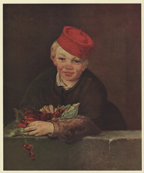 Impressionist offset lithograph art print of "Boy with Cherries" by Edouard Manet, 1953, featuring a young boy holding cherries.