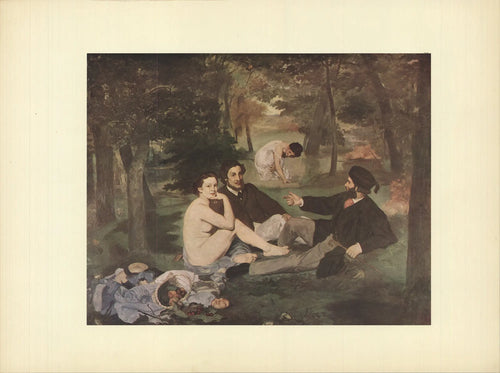 Vintage lithograph art print of Edouard Manet's Luncheon on the Grass, 1953, showcasing the classic impressionist scene.