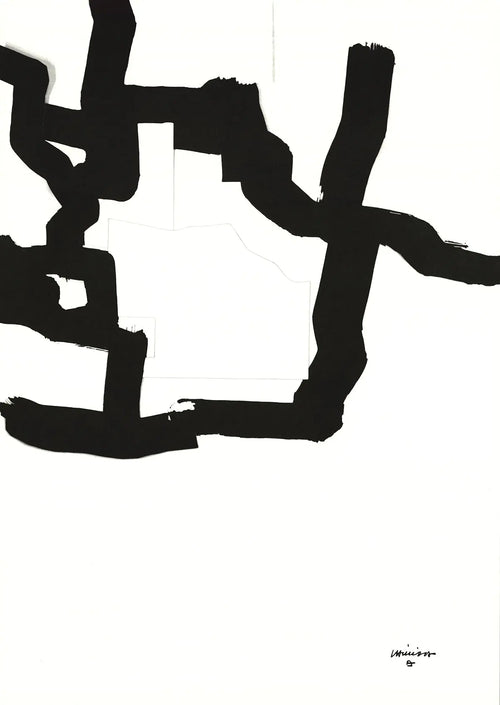 Limited edition Eduardo Chillida collage lithograph art print from 1995, showcasing abstract shapes and vibrant textures.