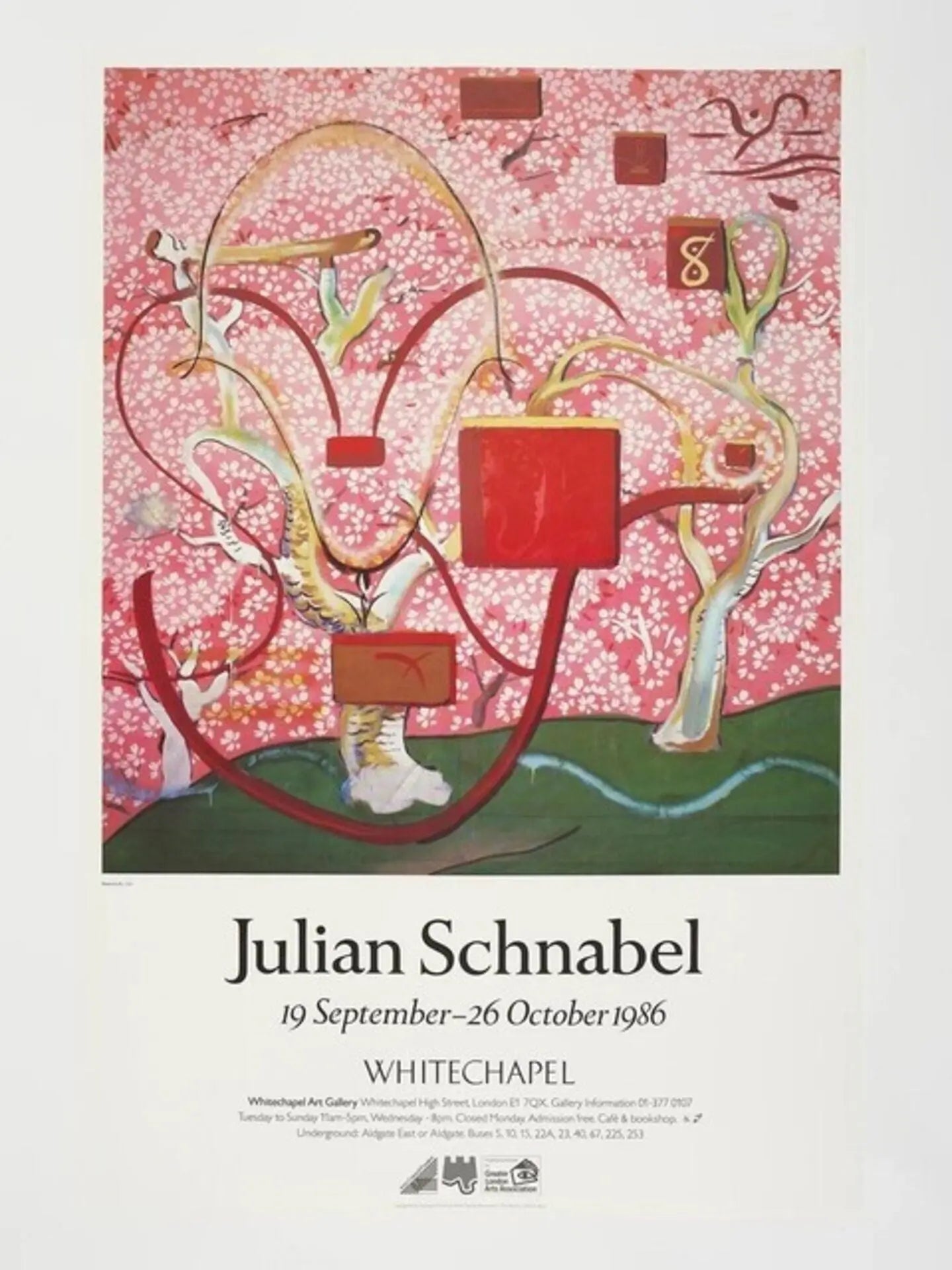 Julian Schnabel rare 1986 vintage exhibition art poster featuring abstract painting and bold, colorful artwork by the artist.