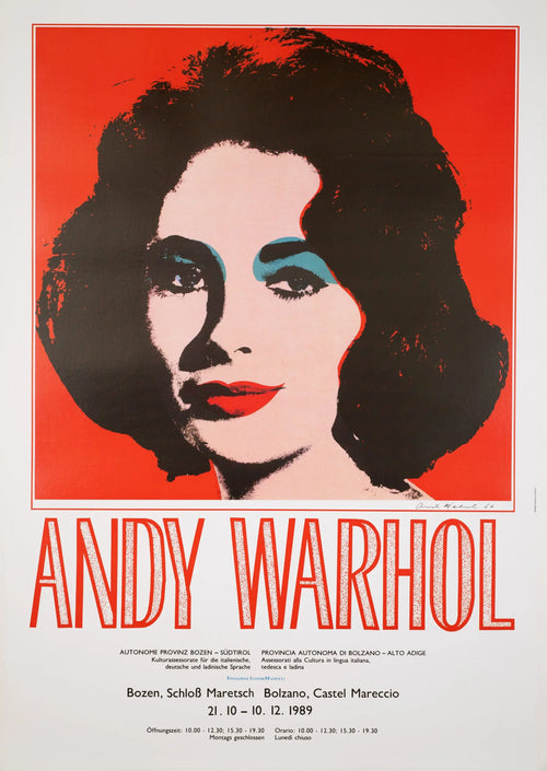 Andy Warhol Elizabeth Taylor vintage pop art poster from 1989 featuring a colorful portrait of the actress.