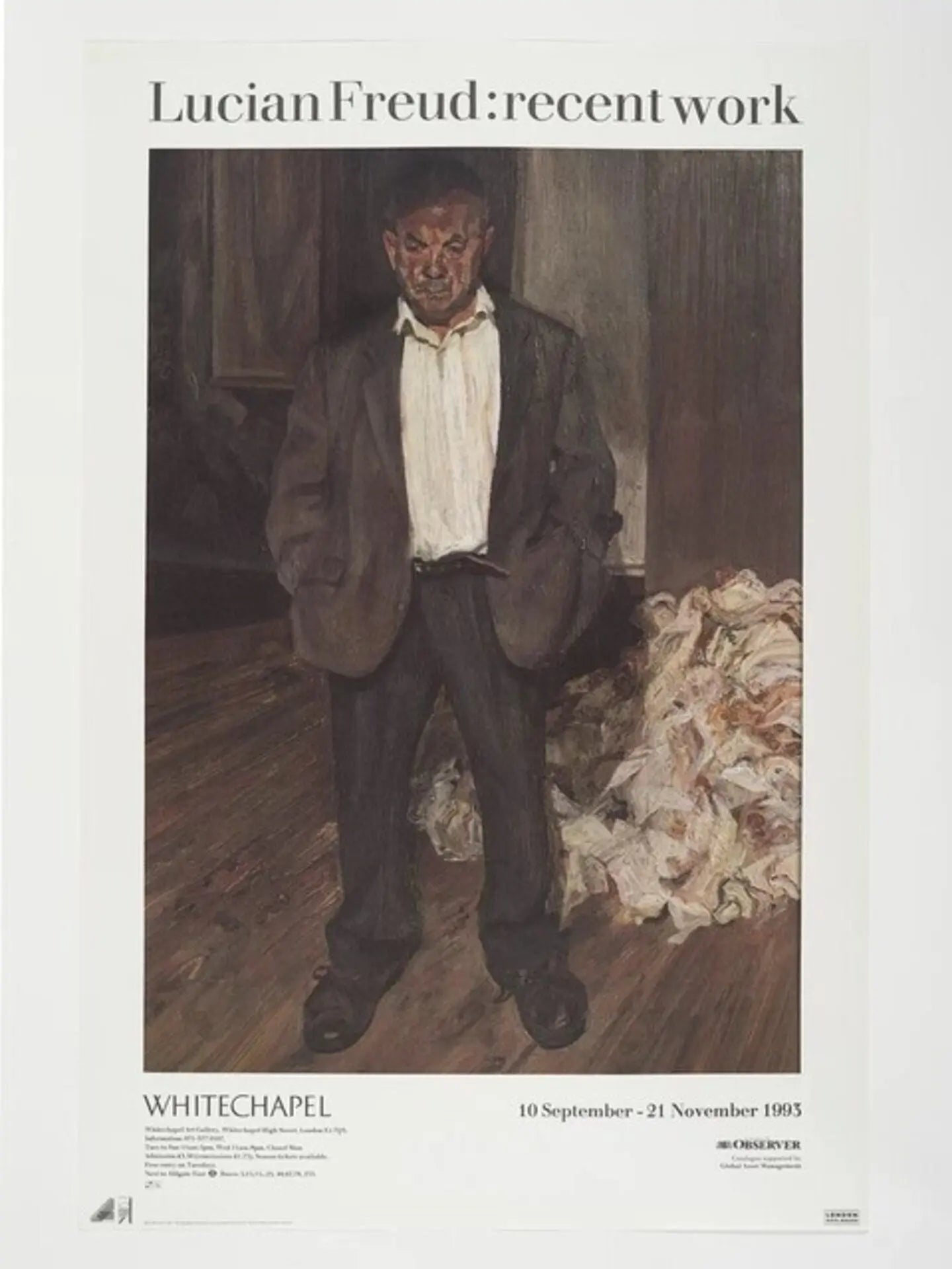 Vintage exhibition poster featuring Lucian Freud's 1993 recent work, showcasing his distinctive portrait and figure art.