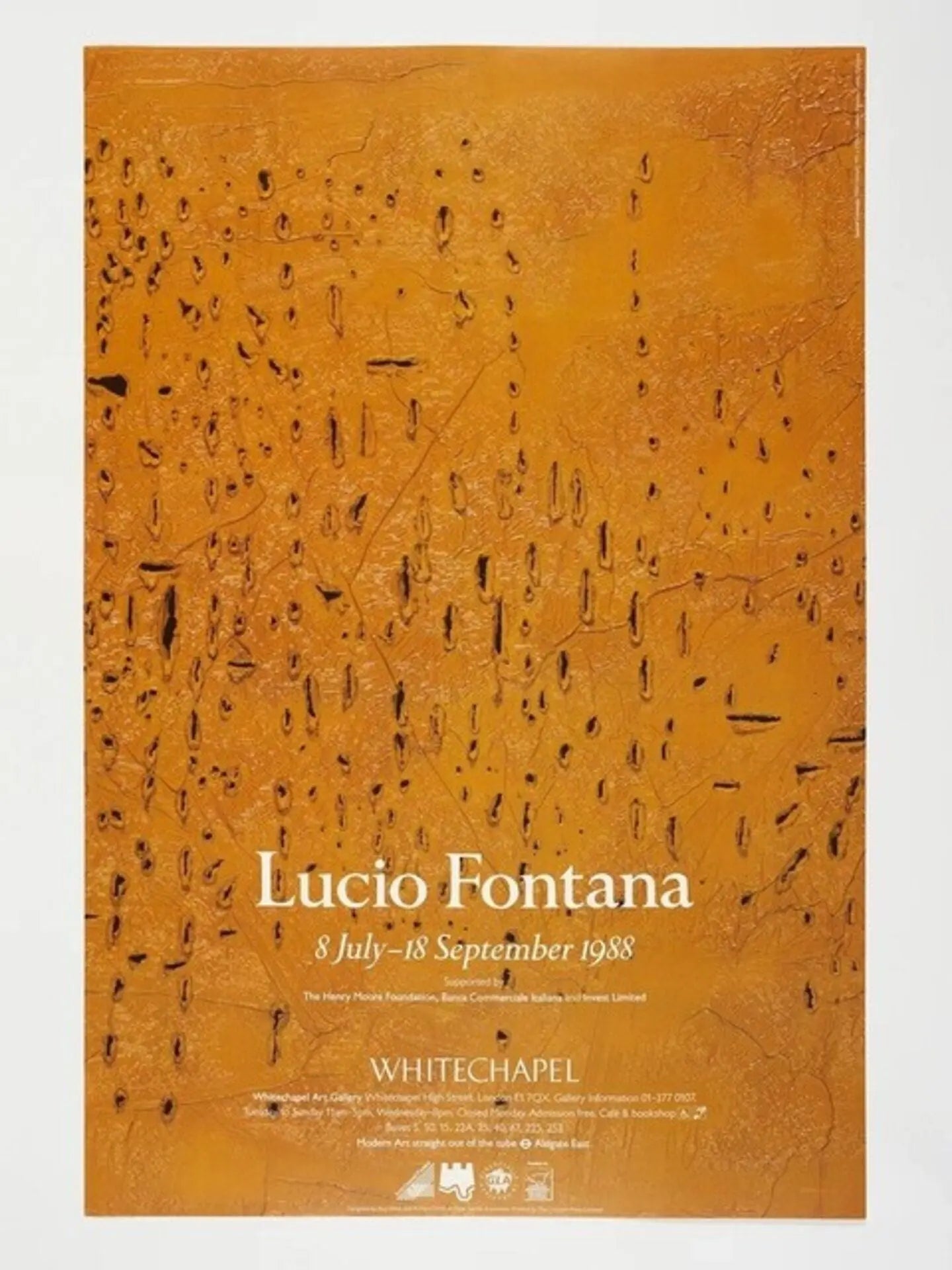 Vintage 1988 Lucio Fontana exhibition art poster featuring abstract, bold lines and unique design by the renowned artist Lucio Fontana.
