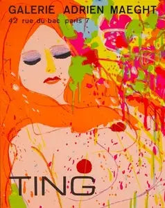 Colorful abstract artwork with a woman's face and the word 'TING' on a poster for Galerie Adrien Maeght.