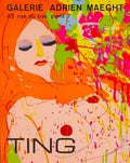 Colorful abstract artwork with a woman's face and the word 'TING' on a poster for Galerie Adrien Maeght.