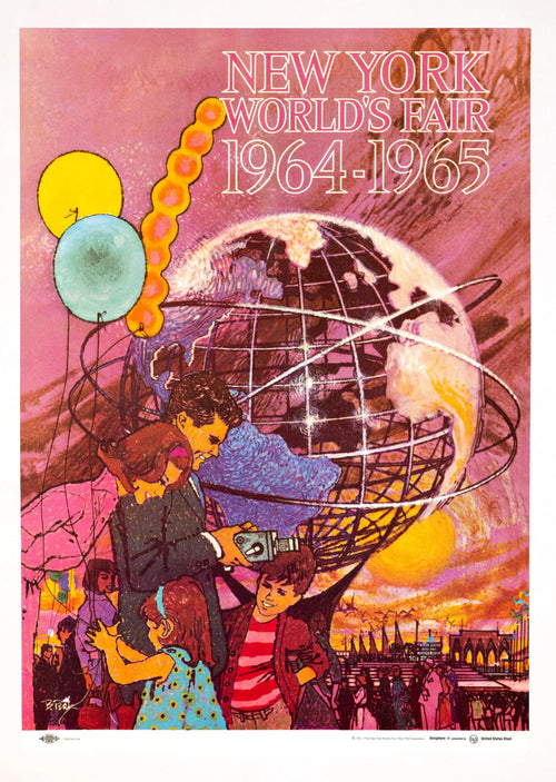 Vintage Bob Peak New York World's Fair 1964 poster featuring colorful cityscape and iconic fair attractions.