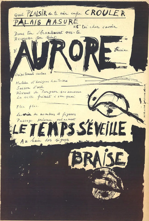 Original Bernard Dufour Aurore Time Dawns 1968 lithograph art poster featuring vibrant abstract designs and bold colors.