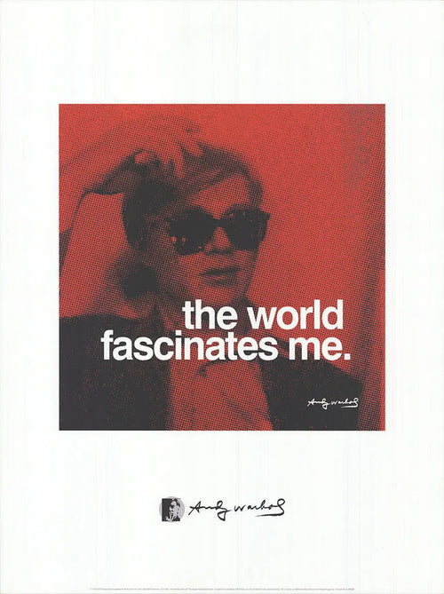 Andy Warhol "The World Fascinates Me" 2010 offset lithograph art poster showing vibrant colors and bold graphic design.