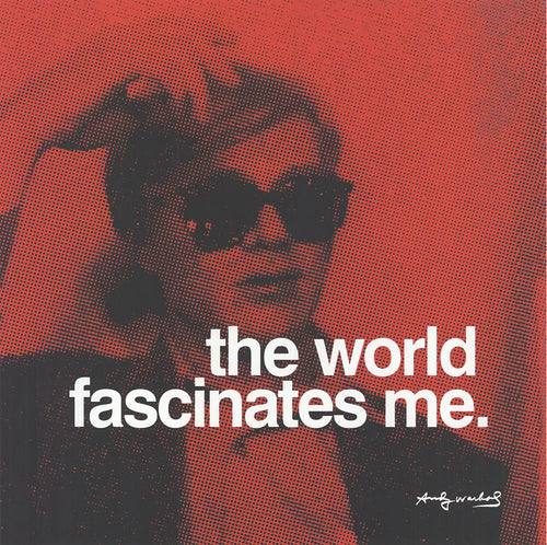 Andy Warhol The World Fascinates Me 2010 offset lithograph art poster, featuring bold, colorful pop art design.