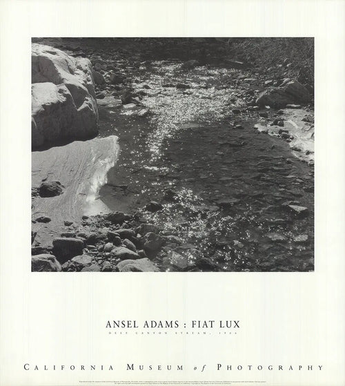 Ansel Adams Deep Canyon Stream 1992 offset lithograph art poster showing a scenic canyon with flowing stream and rugged terrain.