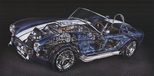 Detailed technical illustration poster of the 1965 Shelby 427 Cobra cutaway by David Kimble, showing engine and interior components.
