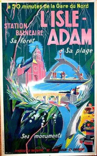 Original 1949 Isle Adam Sa Plage lithograph travel poster by A. Heurlier showcasing a scenic coastal view of Isle Adam.