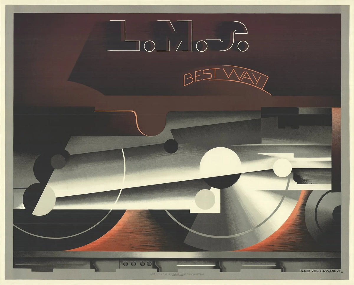 Vintage-style lithograph poster by A.M. Cassandre titled "Best Way" from 1985, featuring bold graphic design and retro aesthetic.