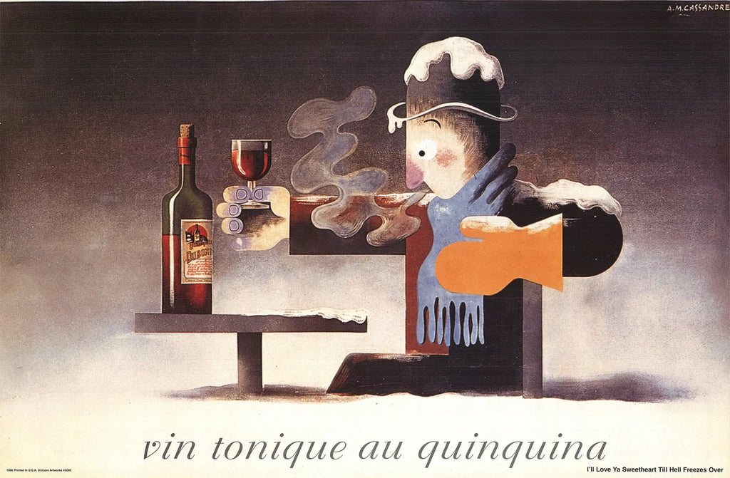 Vintage poster featuring Vin Tonique au Quinquina by A.M. Cassandre, showcasing bold graphic design from the 1998 collection.