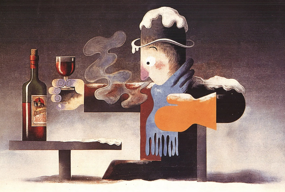 Vintage poster for Vin Tonique au Quinquina by A.M. Cassandre, featuring bold graphic design and vibrant colors from 1998.