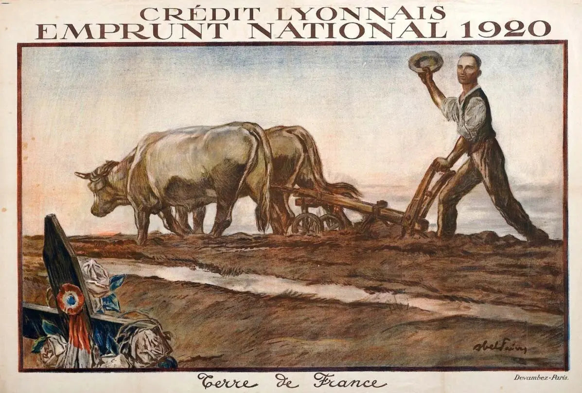 Original 1917 Credit Lyonnaise Terre de France lithograph by Abel Faivre, featuring detailed vintage French landscape artwork.