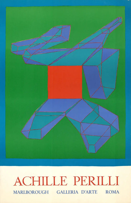 Original Achille Perilli lithograph exhibition poster from 1974 at Marlborough Gallery Rome, showcasing abstract art.