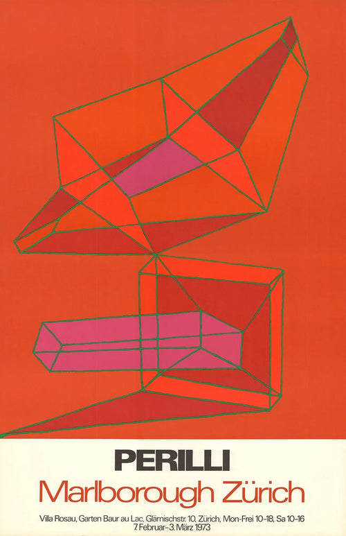 Achille Perilli Marlborough Zurich 1973 original abstract lithograph poster featuring bold geometric shapes and vibrant colors.