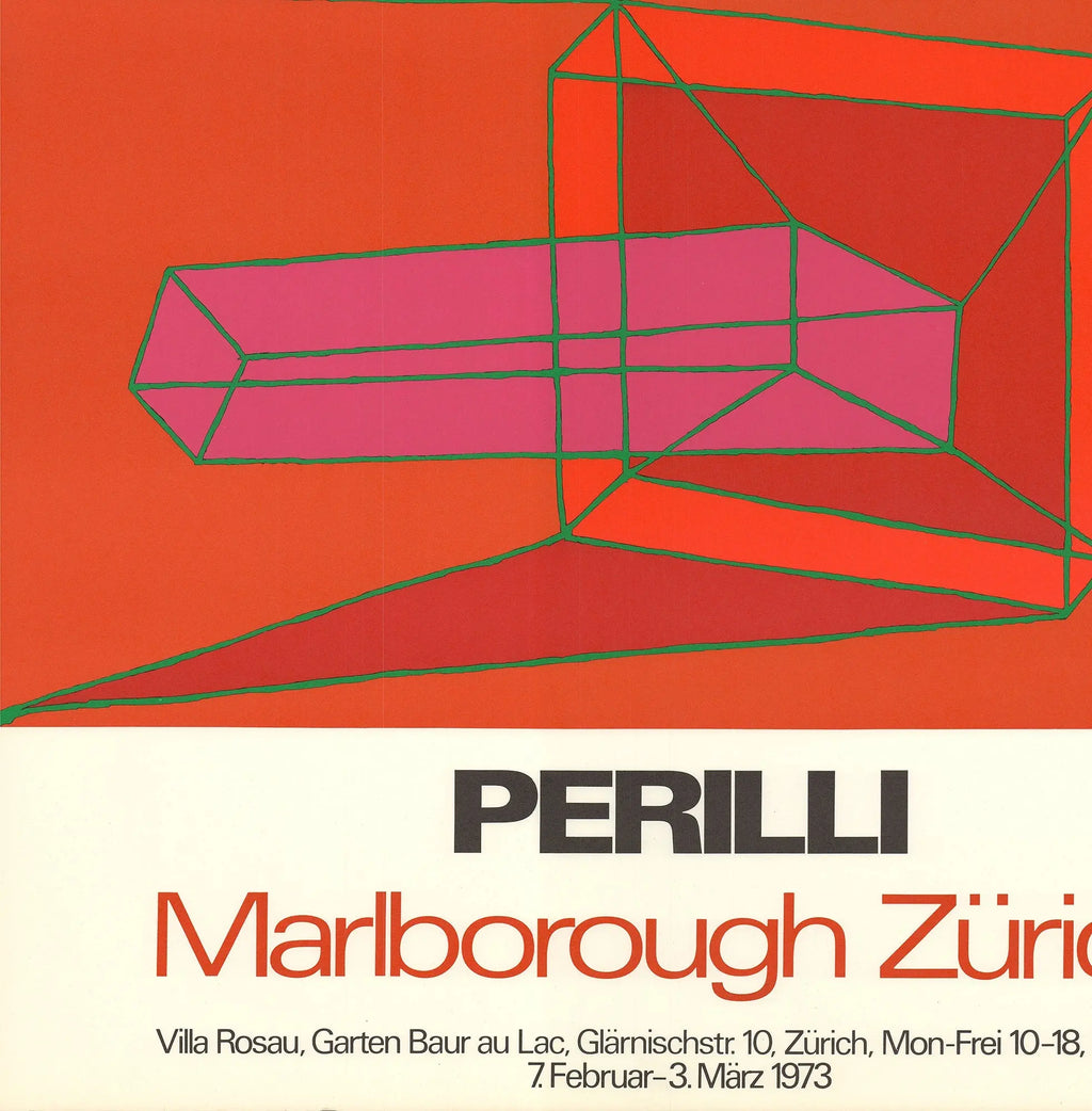 Original abstract lithograph poster by Achille Perilli from 1973, featuring vibrant, modern art in bold shapes and colors.