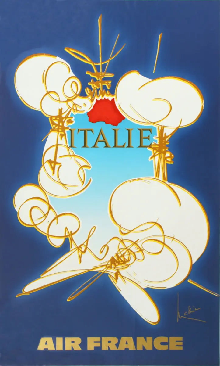 Vintage 1971 Georges Mathieu Air France Italie offset lithograph poster showing colorful abstract artwork and travel theme.