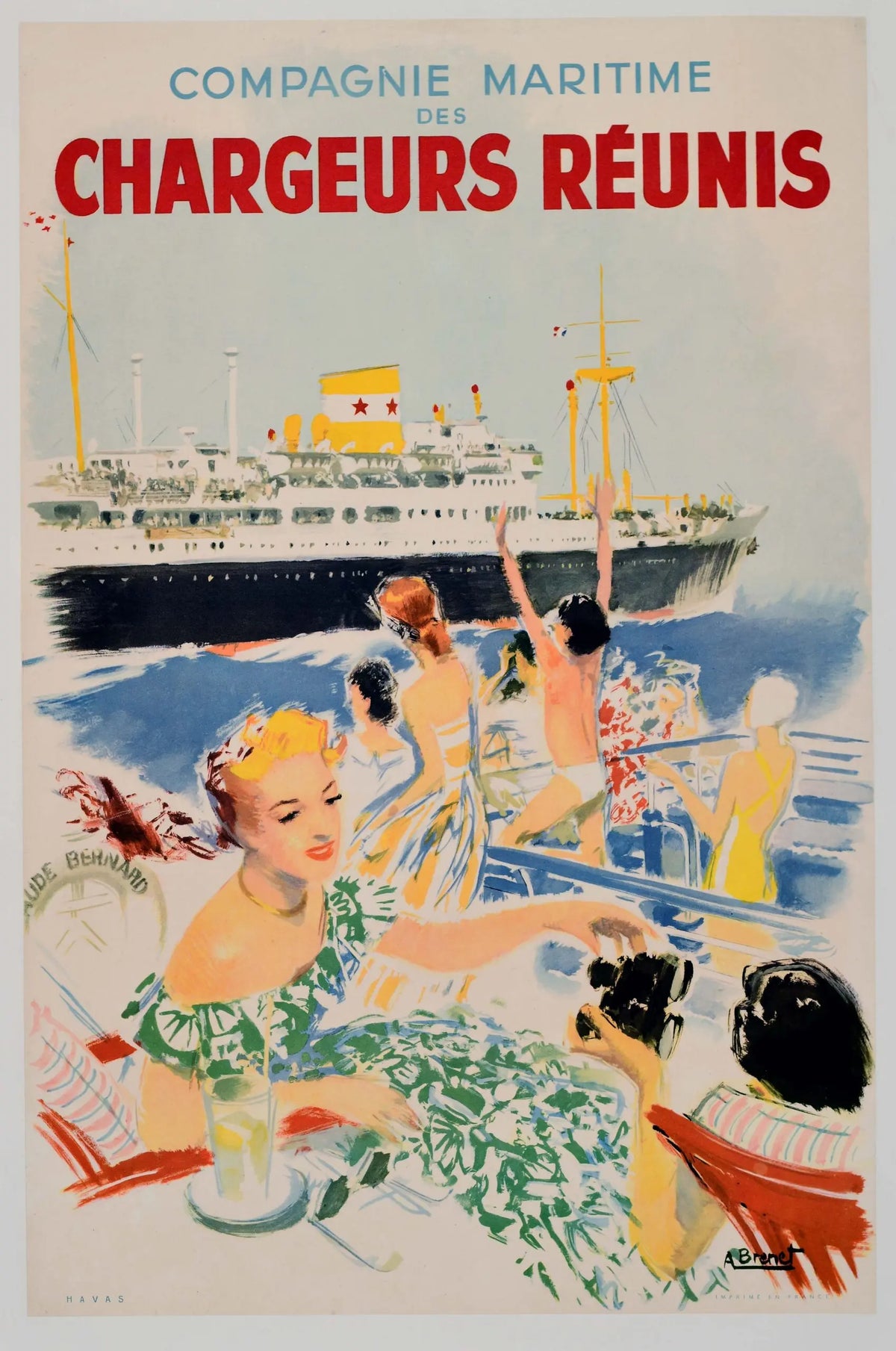 Original 1950 Albert Brenet Chargeurs Reunis French maritime travel lithograph poster featuring vintage ship illustrations and travel scenes.