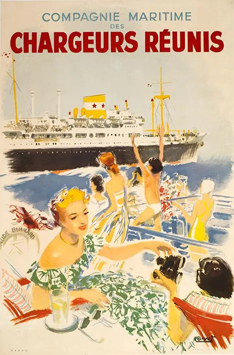 Vintage 1950 French maritime travel lithograph poster by Albert Brenet, featuring a classic scene of Chargeurs Reunis ships at sea.