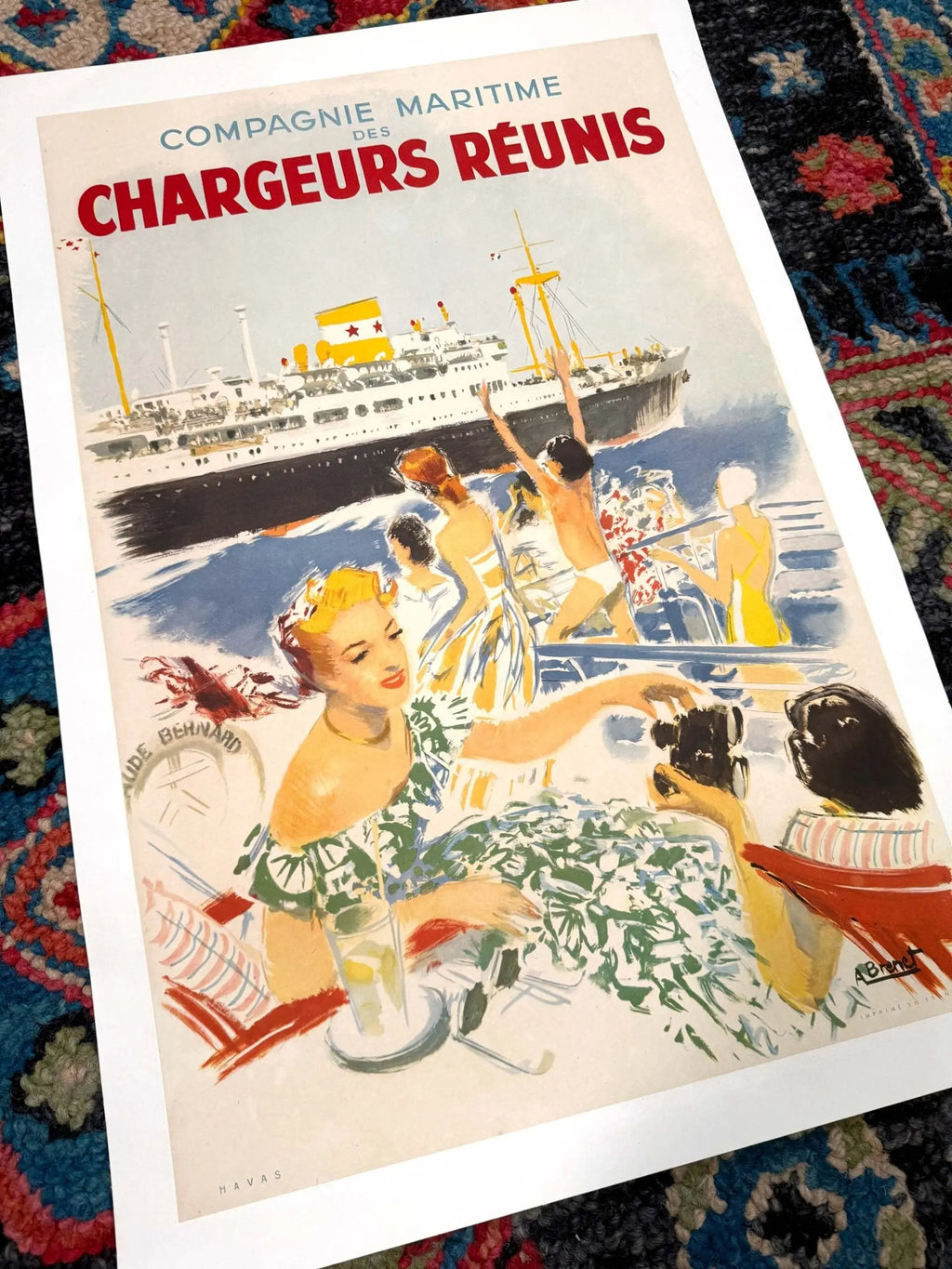 Vintage 1950 French maritime travel lithograph poster by Albert Brenet featuring Chargeurs Reunis ships and French seascape.