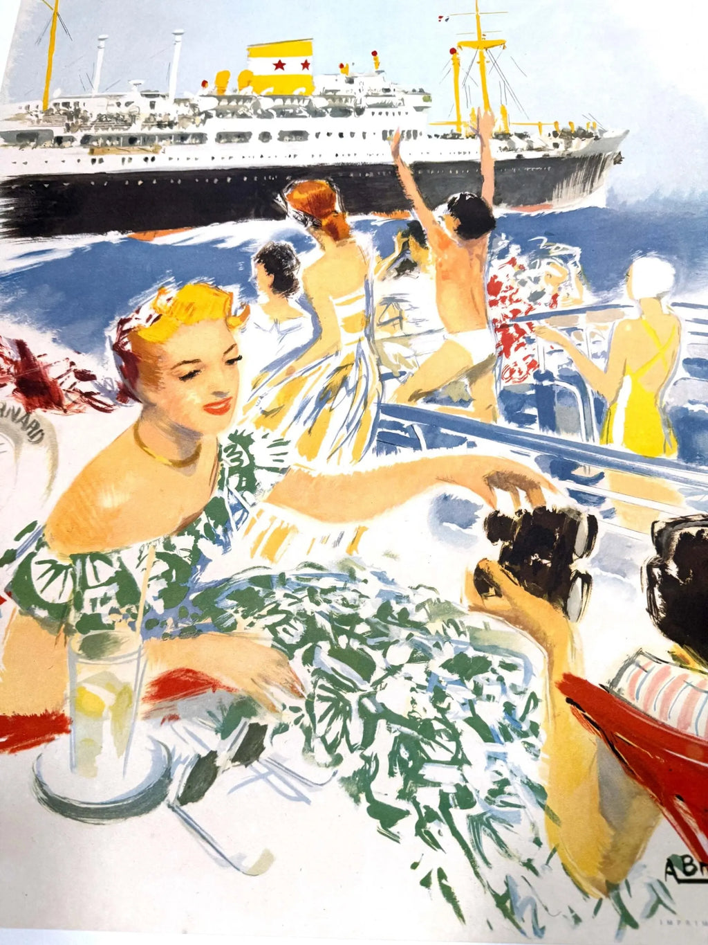 Original 1950 Albert Brenet lithograph poster of Chargeurs Reunis French maritime travel, featuring vintage ship illustrations.