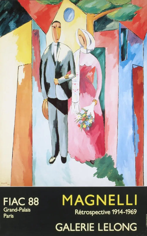 Alberto Magnelli Bride and Groom 1988 exhibition art poster lithograph showing abstract figures in vibrant colors