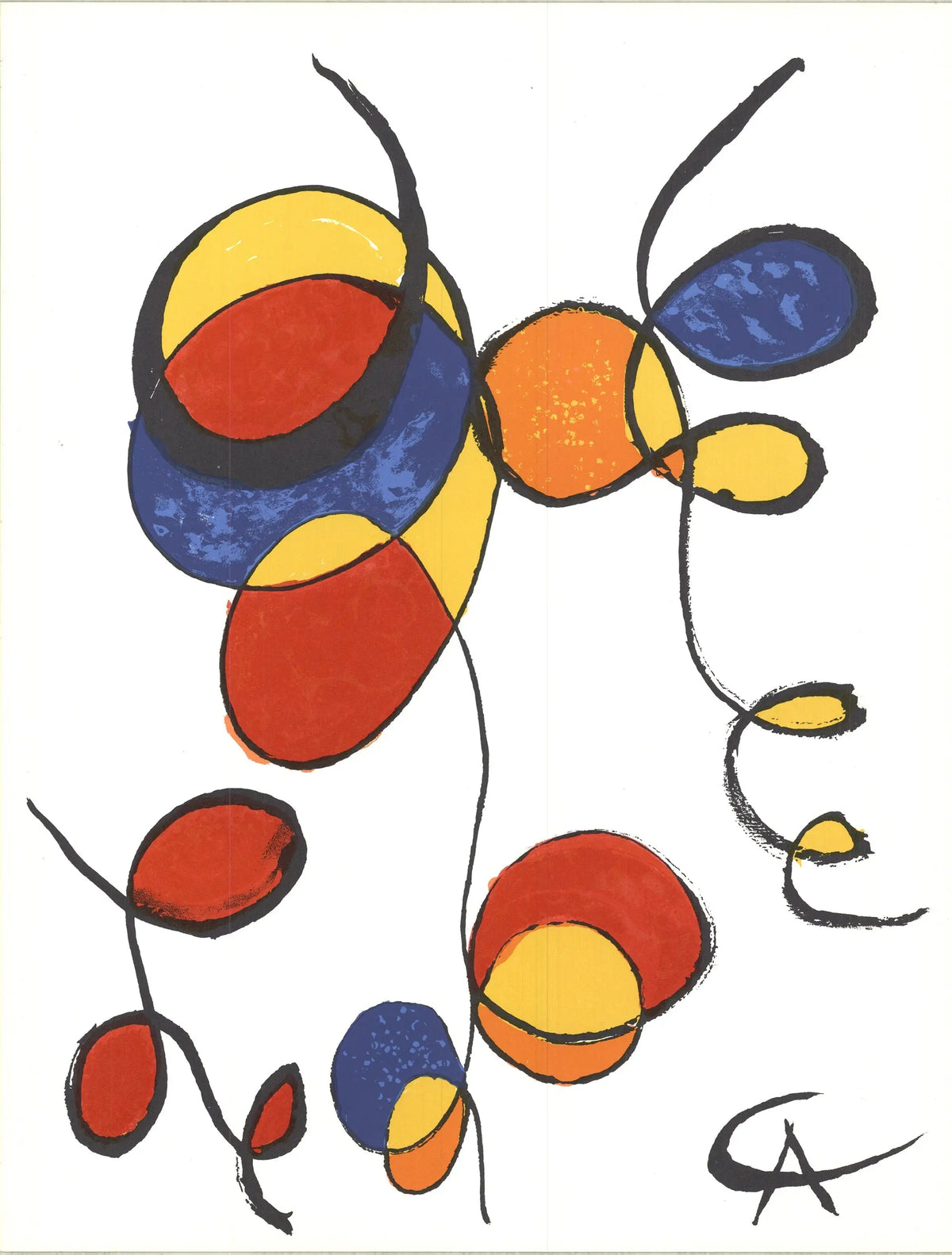 Alexander Calder Spirales 1974 abstract lithograph art print showing colorful swirling shapes and bold lines.