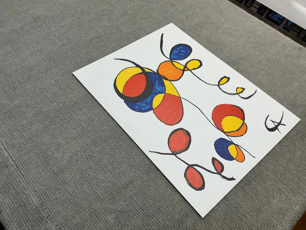 Original Alexander Calder Spirales 1974 abstract lithograph art print showcasing colorful, swirling abstract shapes and bold lines.