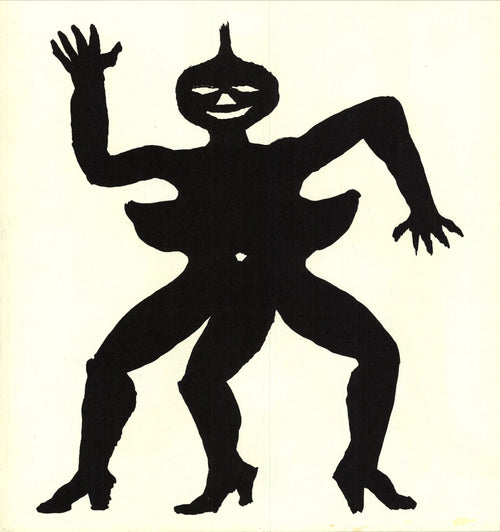 Alexander Calder three-legged figure lithograph art print from 1975 featuring abstract modern sculpture design.