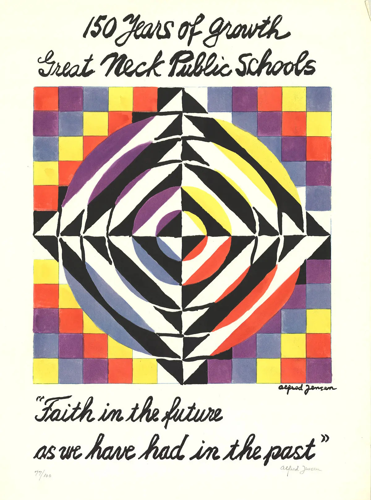 Signed Alfred Jensen limited edition serigraph titled "150 Years of Growth" artwork, featuring vibrant abstract design.