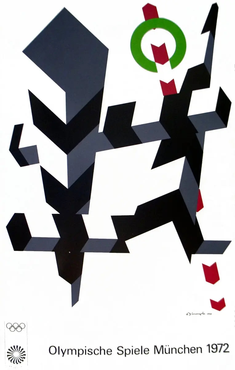 Original Allan D'Arcangelo 1972 Munich Olympics serigraph exhibition poster showcasing bold geometric designs and vibrant colors.