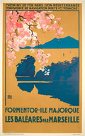 Vintage 1930 Mallorca Balearic Islands lithograph travel poster by ALO featuring scenic island views and historic landmarks.