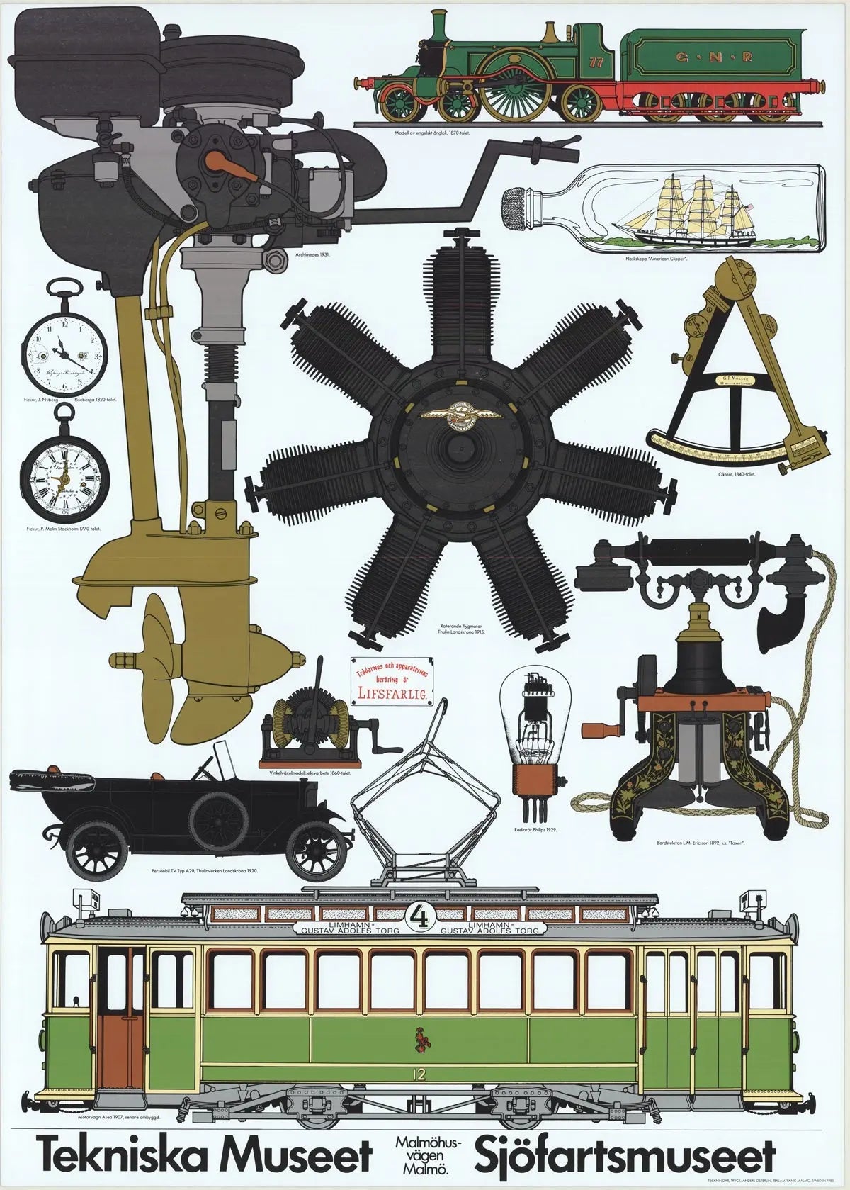 Vintage industrial foil art print of Asea motorvagn by Anders Osterlin, showcasing a 1985 industrial train illustration.