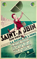 Vintage 1935 Saint Aubin sur Mer French travel poster by Andre Galland showcasing coastal scenery and seaside village charm.