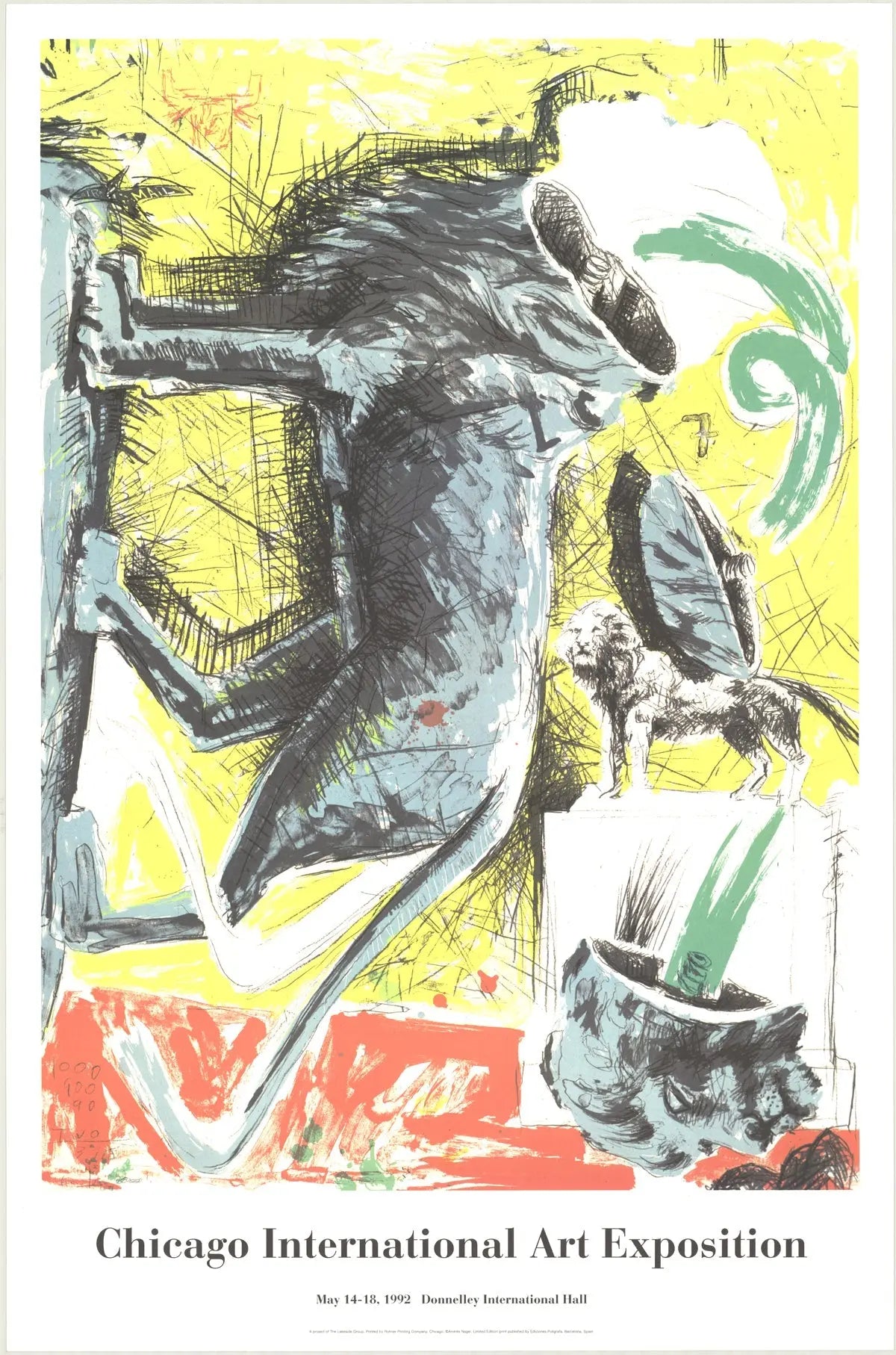 Andres Nagel 1992 Chicago International Art Exposition lithograph poster showing abstract artwork in vibrant colors.