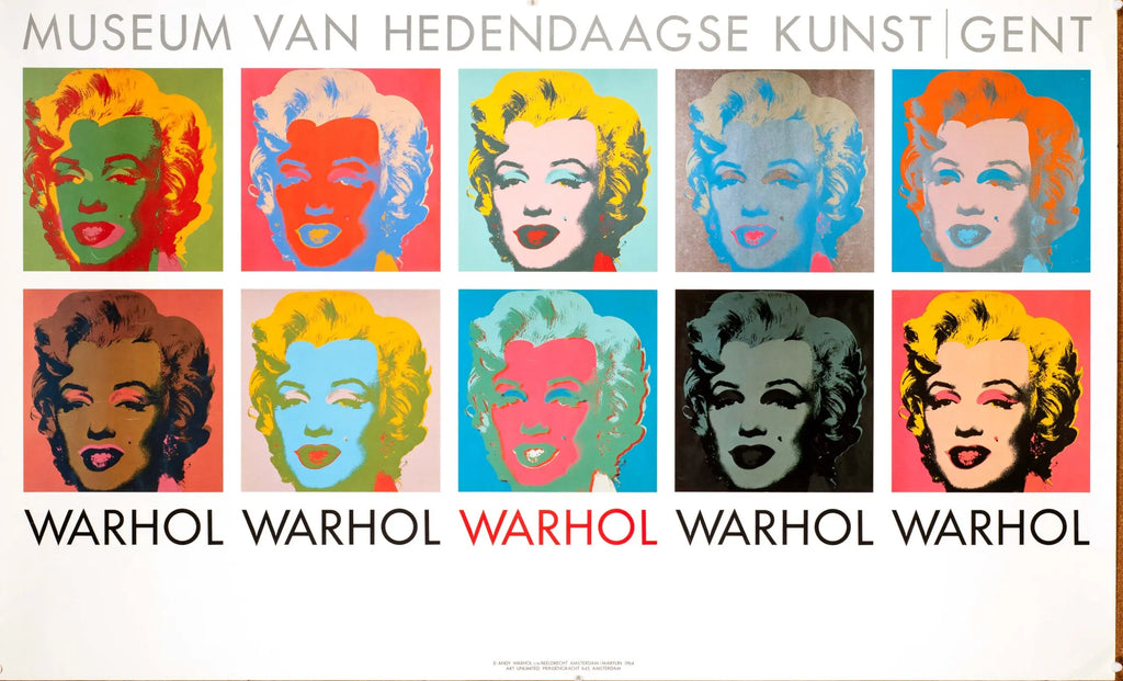 Vintage Andy Warhol 10 Marilyns pop art poster from 1990 featuring vibrant images of Marilyn Monroe in a collage style.