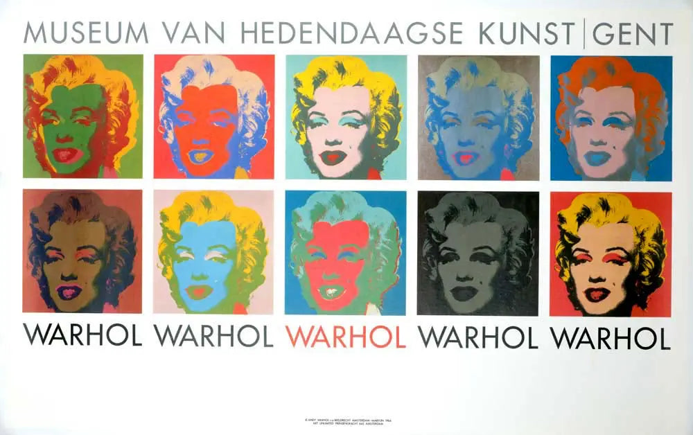 Vintage Andy Warhol Marilyn Monroe pop art poster featuring ten colorful Marilyn images from 1990.