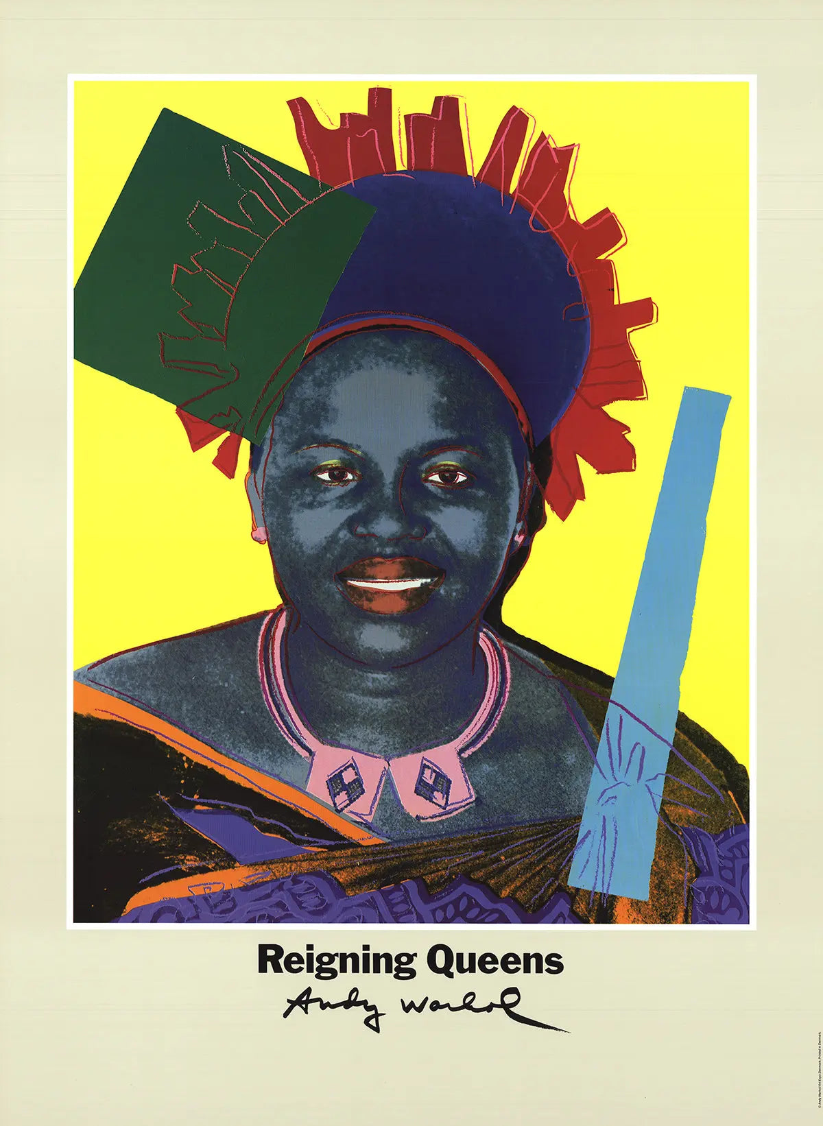 Original Andy Warhol Queen Ntombi Twala Swaziland 1986 exhibition poster featuring Warhol's artwork of Queen Ntombi Twala.